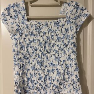 Abercrombie Kids Blue and White Smocked Cap Sleeve Blouse
